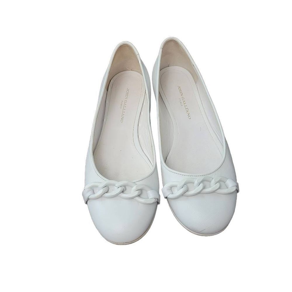 John Galliano white leather flats with white chain
